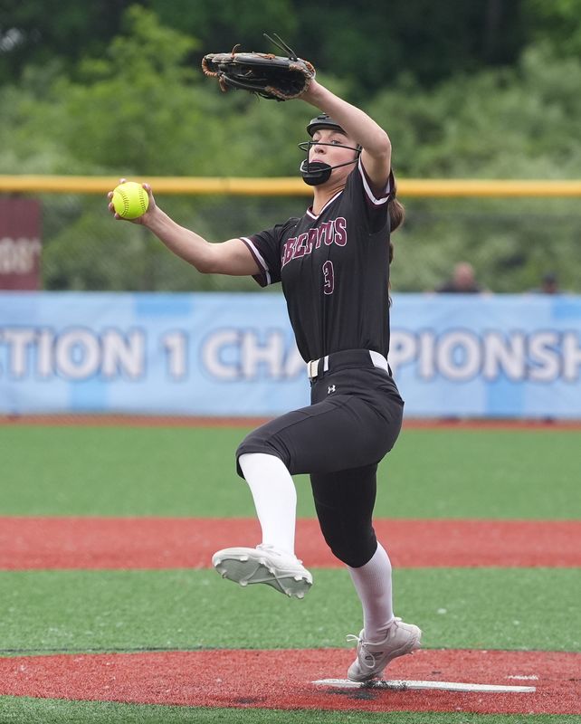 Albertus pitcher Teagan Dwyer (3) delivers a pitch during their 3-2 win over Hen Hud to claim the Section 1 Class A softball championship title at the Town of Haverstraw Sports Complex in Haverstraw on Friday, May 30, 2025.