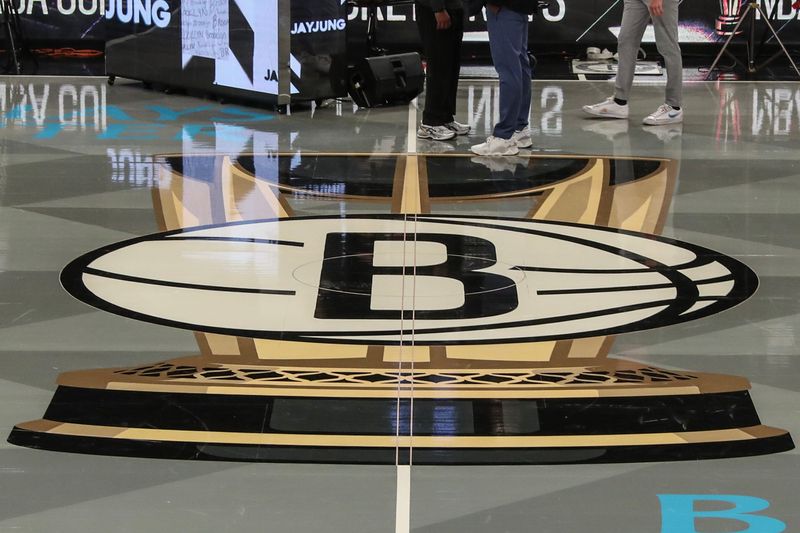 Nov 29, 2024; Brooklyn, New York, USA; The Brooklyn Nets NBA Cup logo at center court before tip-off against the Orlando Magic at Barclays Center. Mandatory Credit: Wendell Cruz-Imagn Images