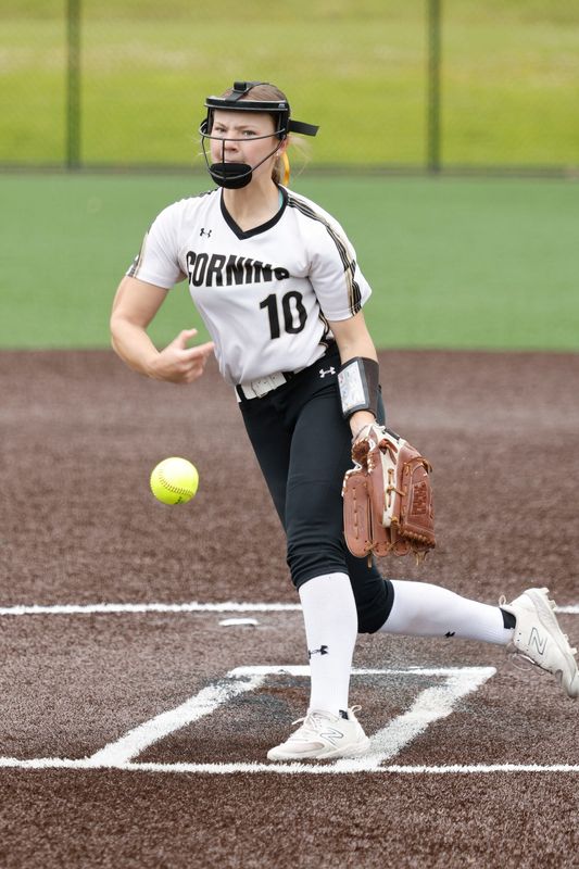 Corning's Matti Johnston tossed a two-hitter as the Hawks beat Elmira, 4-0, in the Section 4 Class AAA softball championship game June 1, 2025 at Greenlight Networks Grand Slam Park in Binghamton.