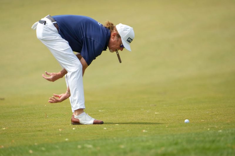 Miguel Angel Jimenez clears the green before hitting the ball during the 2025 Principal Charity Classic on Sunday, June 1, 2025, at the Wakonda Club in Des Moines.