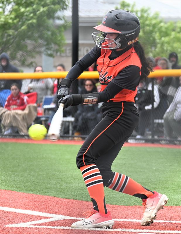 Rome Free Academy Black Knight Kenidee Campbell connects with a pitch against Baldwinsville during Section III's 2025 Class AAA championship softball game June 1 at Carrier Park.
