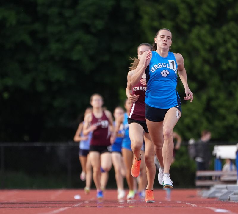 Ursuline's Jane Hickey wins the 800-meter at the Section 1 Class A Track & Field Championships at Suffern Middle School in Suffern on Thursday, May 29, 2025.