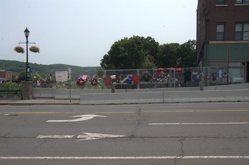 The memorial site for Binghamton firefighter John Gaudet on Court Street continues to grow with items of remembrance on June 3, 2025.