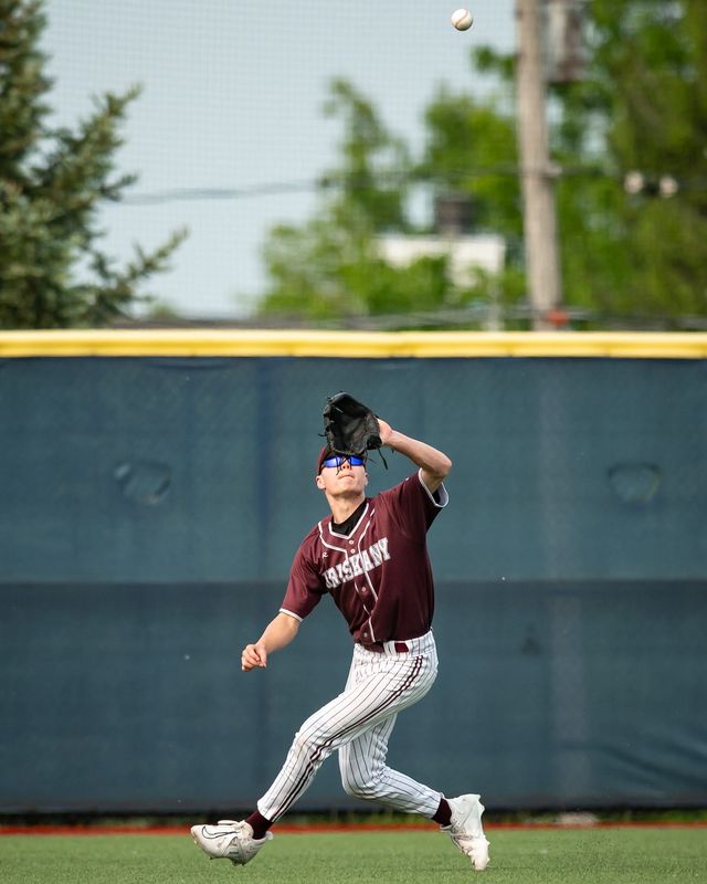 Oriskany's Dean Koenig catches the ball in the outfield during Section III's 2025 Class D baseball championship game at Onondaga Community College. Koenig and the Skyhawks are back in the state semifinals for a second consecutive spring.