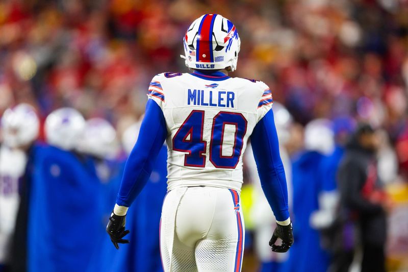 Jan 26, 2025; Kansas City, MO, USA; Detailed view of the jersey of Buffalo Bills linebacker Von Miller (40) against the Kansas City Chiefs during the AFC Championship game at GEHA Field at Arrowhead Stadium. Mandatory Credit: Mark J. Rebilas-Imagn Images
