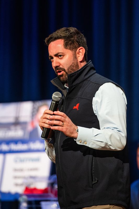 Rep. Mike Lawler talks during his town hall event at Mahopac HIgh School in Mahopac, NY on Sunday, June 8, 2025.