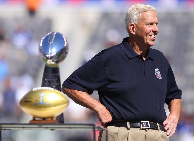 Sep 20, 2015; East Rutherford, NJ, USA; Former New York Giants head coach Bill Parcels stands on stage along with the Vince Lombardi trophy from Super Bowl XXV during half time ceremony honoring the 25th anniversary of their championship at MetLife Stadium. Mandatory Credit: Ed Mulholland-USA TODAY Sports