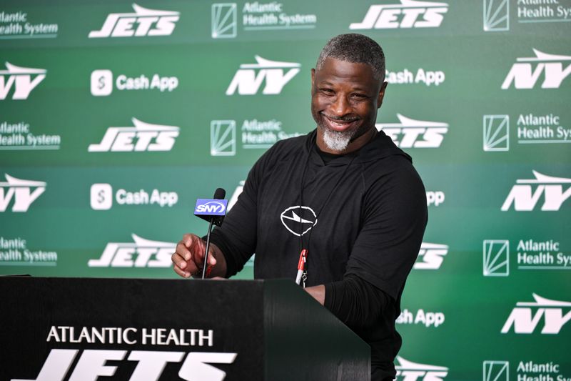 Jun 10, 2025; East Rutherford, NJ, USA; New York Jets head coach Aaron Glenn speaks at a press conference during minicamp at Atlantic Health Jets Training Center. Mandatory Credit: John Jones-Imagn Images