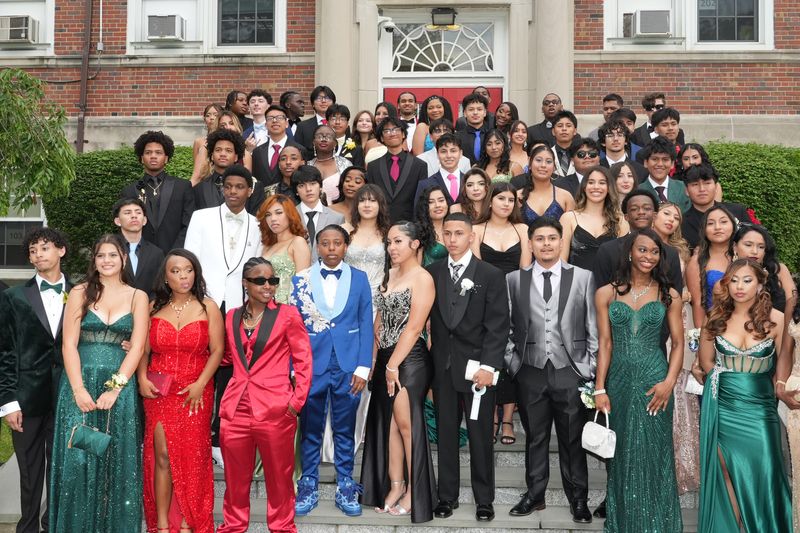 Students gather at Alexander Hamilton High School before heading out to the senior prom by bus June 12, 2025 in Elmsford.