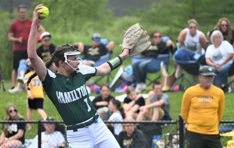 Ellie Freeth throw a pitch for Hamilton against Forestville during Friday's state Class D semifinal playoff game at Greenlight Networks Grand Slam Park in Binghamton. Freeth pitched a no-hitter in a 5-1 Hamilton victory.