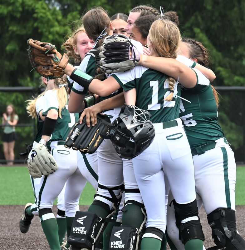 Hamilton softball players celebrate a victory over Forestville Friday in the state Class D semifinals in Binghamton.