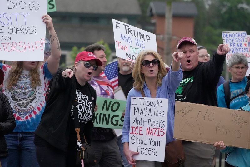Area residents participated in a national protest, “No King’s’ day, in Seneca Falls, NY on June 14, 2025. This group took turns with a group across the street in a chant on Fall Street. The event was to protest the military parade in Washington D.C. as well as some of the policies and executives orders taking place under President Donald Trump.