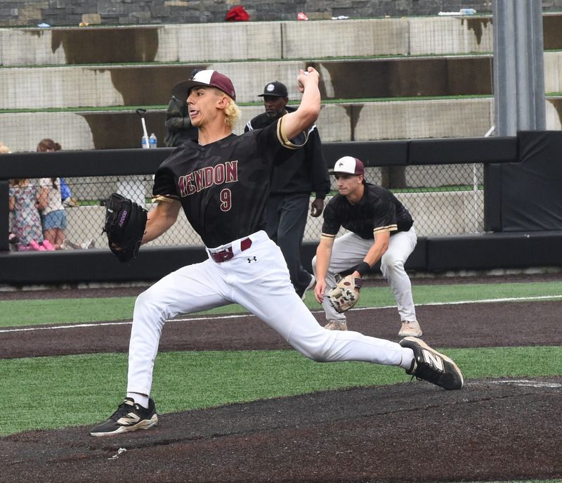 Ethan Postle pitches for Pittsford Mendon during a 2-0 win over Maine-Endwell in the NYSPHSAA Class A championship game June 14, 2025 at Binghamton University.