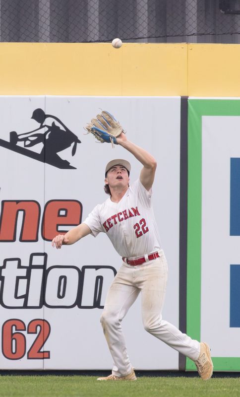 Ketcham's Joe Downey makes a catch in right field against Saratoga Springs during the Class AAA baseball state final on June 14, 2025.