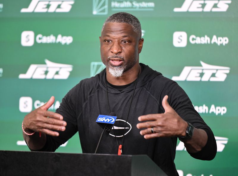 Jun 10, 2025; East Rutherford, NJ, USA; New York Jets head coach Aaron Glenn speaks at a press conference during minicamp at Atlantic Health Jets Training Center. Mandatory Credit: John Jones-Imagn Images