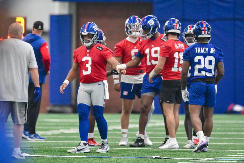 Jun 17, 2025; East Rutherford, NJ, USA; New York Giants quarterback Russell Wilson (3) participates in a drill during minicamp at Quest Diagnostics Training Center. Mandatory Credit: John Jones-Imagn Images