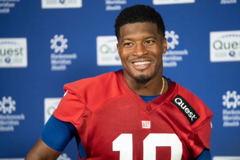 New York Giants quarterback Jameis Winston (19) speaks with members of the media during Mandatory Minicamp at Quest Diagnostics Giants Training Center in East Rutherford on Tuesday, June 17, 2025.