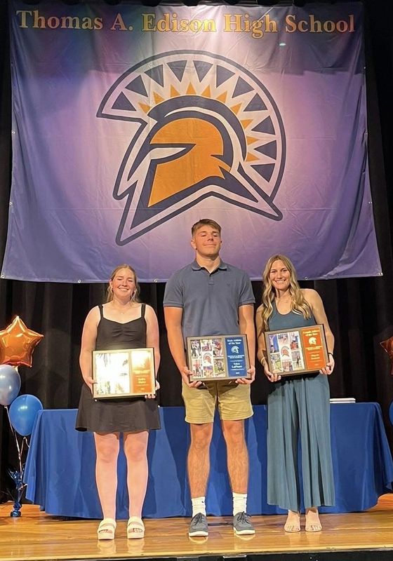 Thomas A. Edison Athletes of the Year for 2024-25, from left: Kaylie Ripley, Talon LaPlante and Maycie Bennett.