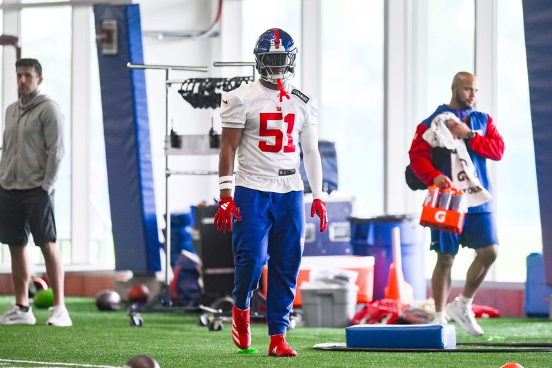 Jun 18, 2025; East Rutherford, NJ, USA; New York Giants linebacker Abdul Carter (51) looks on during minicamp at Quest Diagnostics Training Center. Mandatory Credit: John Jones-Imagn Images