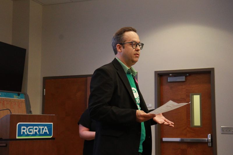 Cody Donahue, co-executive director of Reconnect Rochester, spoke at the public hearing on Wednesday evening.
