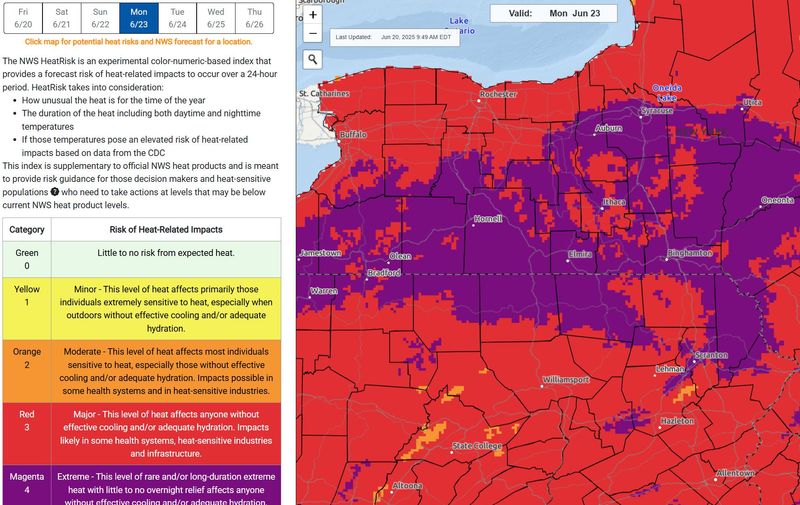 Projected heat map of the Finger Lakes Region for Monday June 23.