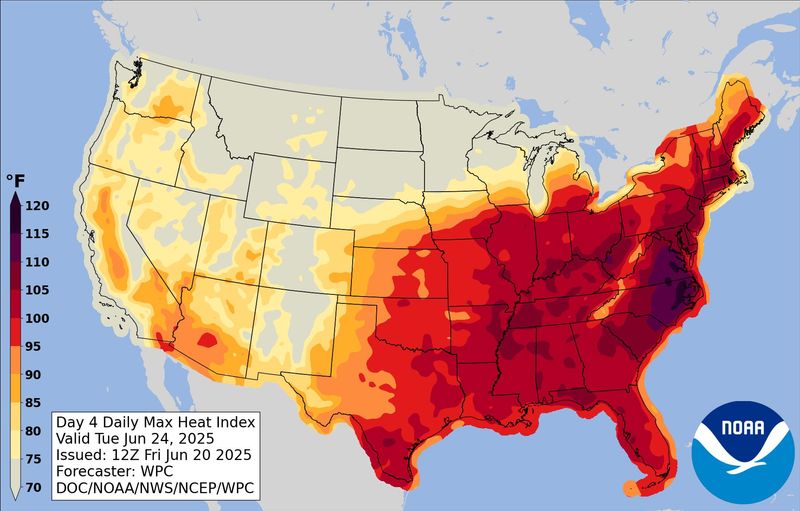 The NWS maximum heat index for Tuesday, June 24, when heat wave temperatures are expected to peak.