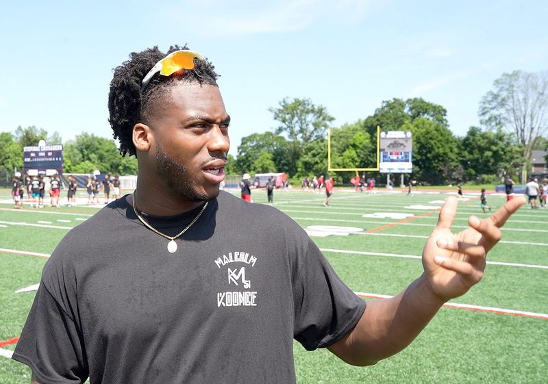 Malcolm Koonce, a former Stepinac football player and current Las Vegas Raiders defensive end, talks about returning to his alma mater to sponsor a free camp for kids June 21, 2025. This is the second year for the camp which is run by Stepinac coaches and players.