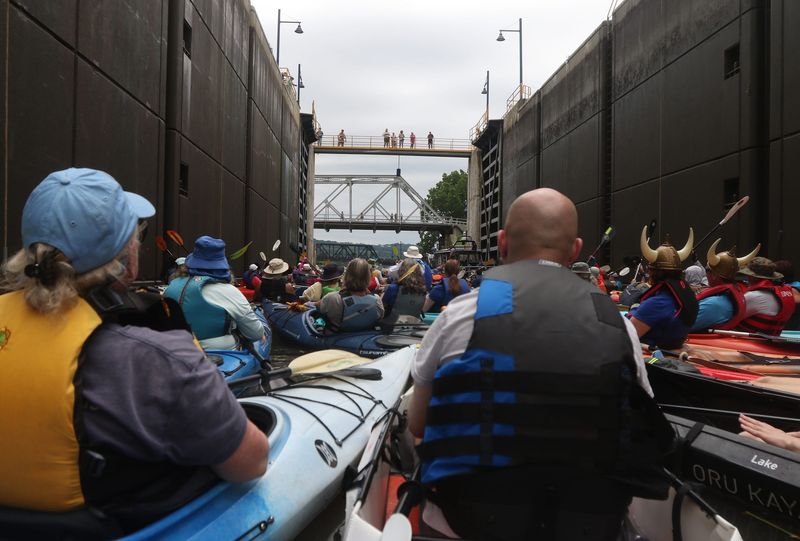 A walkway above the Lock 2 allows people to look into the lock and cross from one side to the other. The paddle the five locks of the Waterford Flight event, which celebrated the 200th anniversary of the Erie Canal, was held in Waterford on June 22, 2025,