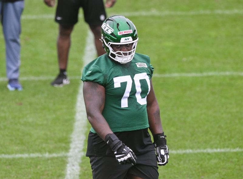 Jun 10, 2025; East Rutherford, NJ, USA; New York Jets offensive tackle Armand Membou (70) looks on during minicamp at Atlantic Health Jets Training Center. Mandatory Credit: John Jones-Imagn Images