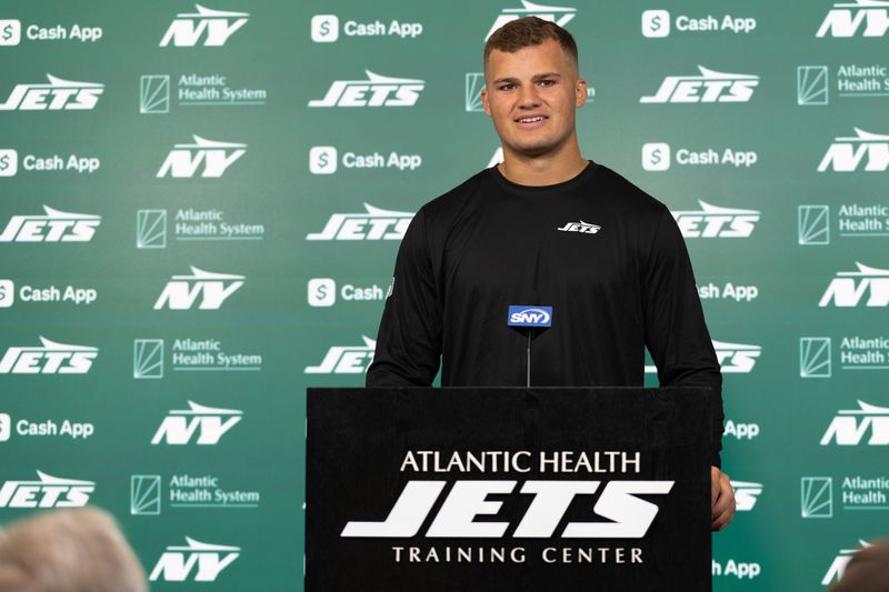 May 9, 2025; Florham Park, NJ, USA; New York Jets rookie tight end Mason Taylor (46) takes questions from the media during the minicamp at Atlantic Health Jets Training Center. Mandatory Credit: Thomas Salus-Imagn Images