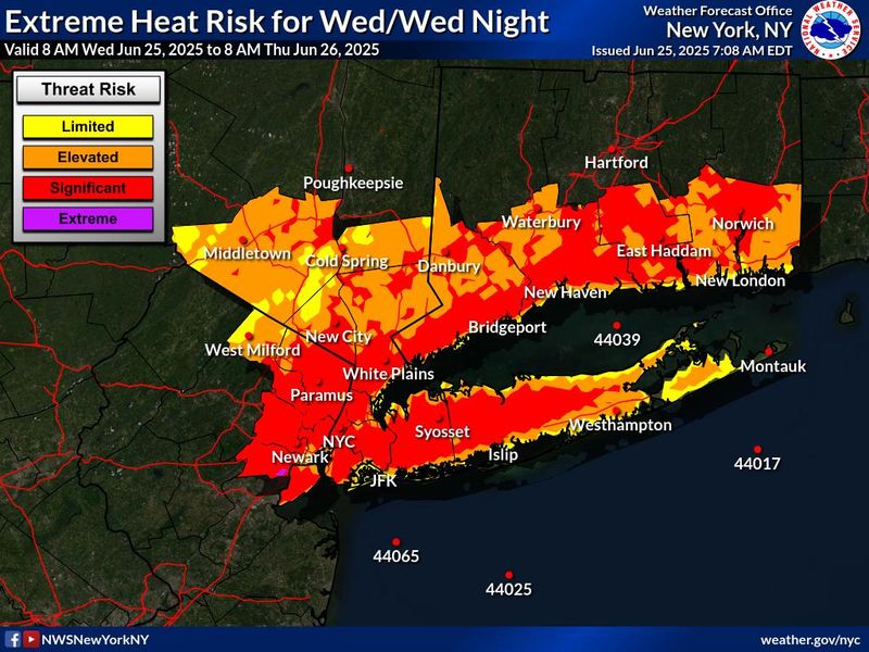 A forecast hazard map issued by the National Weather Service at 7:08 a.m. Wednesday, June 25, 2025 has much of the Lower Hudson Valley region at a "significant" risk for extreme heat Wednesday into Wednesday night. Such risk has potential for "Heat exhaustion or heat stroke likely with prolonged exposure," the NWS says. "Stay hydrated and seek air conditioned locations if needed. Maximum Apparent Temperature 100 to 104." The map is valid until 8 a.m. Thursday, June 26.