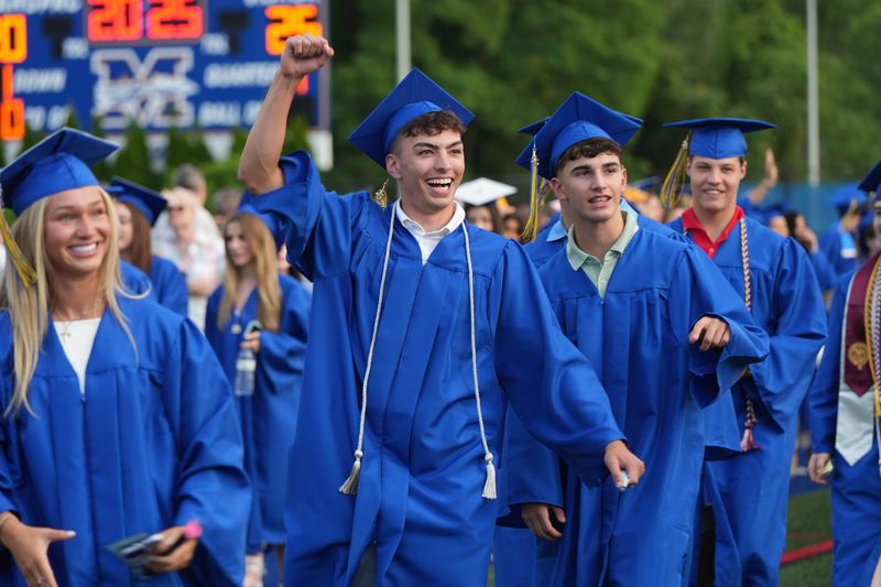 The Mahopac High School Class of 2025 walk into their commencement ceremony on the field at Mahopac High School June 25, 2025.