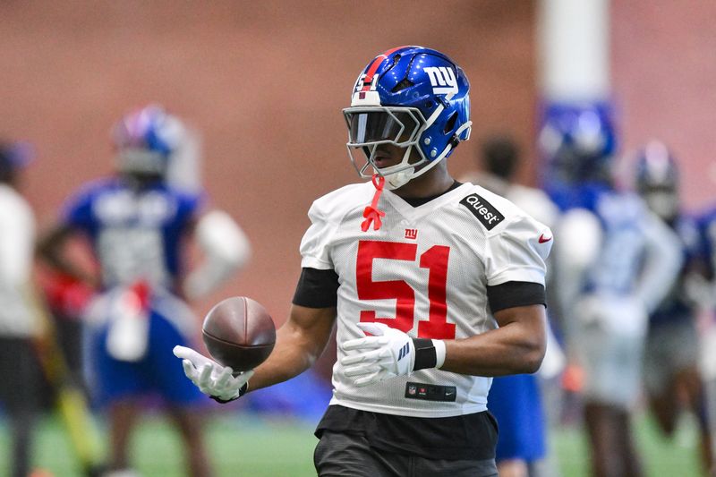 Jun 17, 2025; East Rutherford, NJ, USA; New York Giants linebacker Abdul Carter (51) participates in a drill during minicamp at Quest Diagnostics Training Center. Mandatory Credit: John Jones-Imagn Images