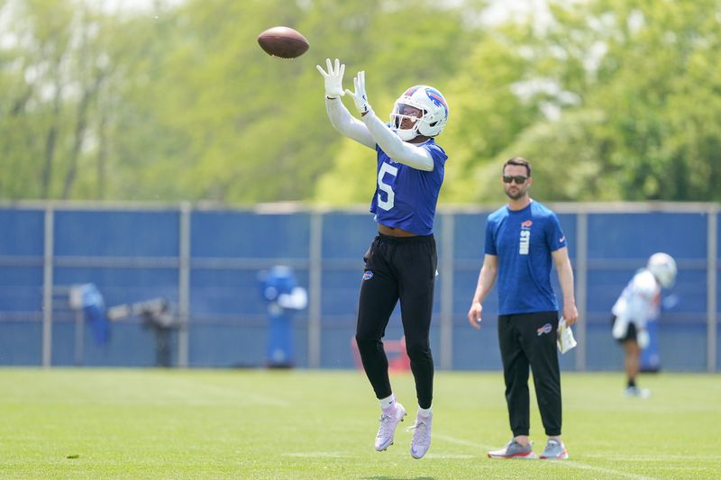 Jun 11, 2025; Orchard Park, NY, USA; Buffalo Bills wide receiver Joshua Palmer (5) makes a catch during Minicamp at Highmark Stadium. Mandatory Credit: Gregory Fisher-Imagn Images
