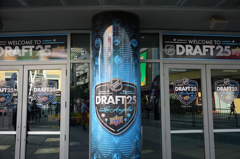 Jun 26, 2025; Los Angeles, California, USA; NHL Draft 25 Los Angeles signage at the Peacock Theater. Mandatory Credit: Kirby Lee-Imagn Images