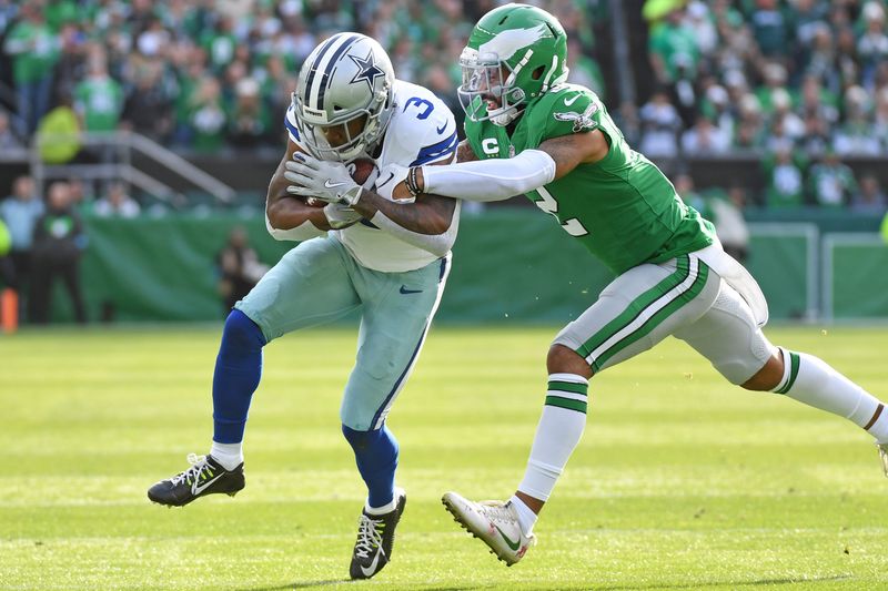 Dec 29, 2024; Philadelphia, Pennsylvania, USA; Dallas Cowboys wide receiver Brandin Cooks (3) is tackled by Philadelphia Eagles cornerback Darius Slay Jr. (2) at Lincoln Financial Field. Mandatory Credit: Eric Hartline-Imagn Images
