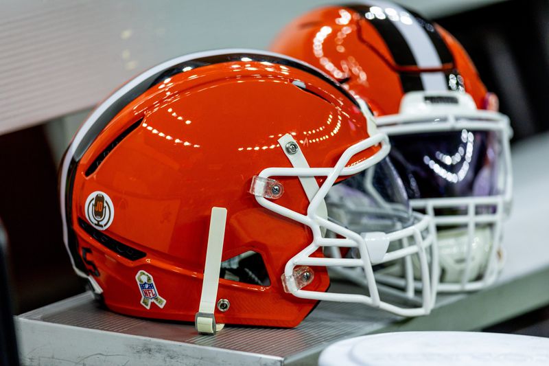 Nov 17, 2024; New Orleans, Louisiana, USA; Detailed view of the Cleveland Browns helmets on a time out against the New Orleans Saints during the first half at Caesars Superdome. Mandatory Credit: Stephen Lew-Imagn Images