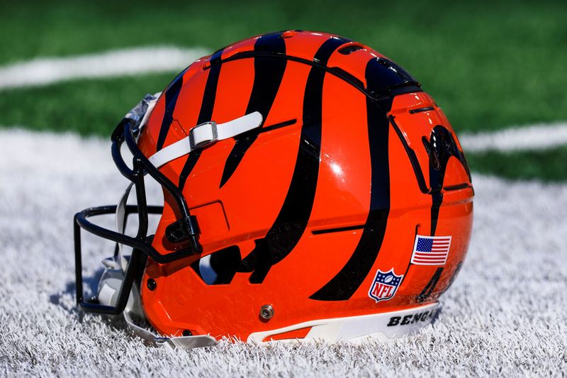 Dec 1, 2024; Cincinnati, Ohio, USA; A general view of the helmet of Cincinnati Bengals long snapper Cal Adomitis (48) during warmups before the game against the Pittsburgh Steelers at Paycor Stadium. Mandatory Credit: Katie Stratman-Imagn Images