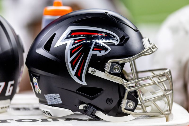 Nov 10, 2024; New Orleans, Louisiana, USA; Detailed view of the Atlanta Falcons helmet against the New Orleans Saints during the second half at Caesars Superdome. Mandatory Credit: Stephen Lew-Imagn Images