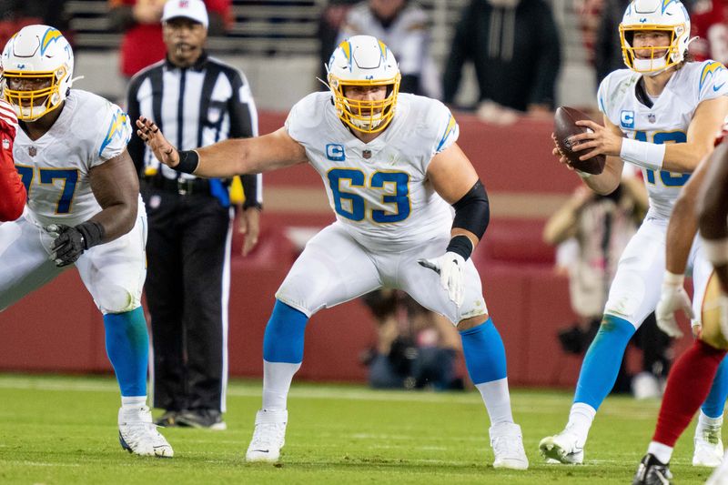 November 13, 2022; Santa Clara, California, USA; Los Angeles Chargers center Corey Linsley (63) during the second quarter against the San Francisco 49ers at Levi's Stadium. Mandatory Credit: Kyle Terada-USA TODAY Sports