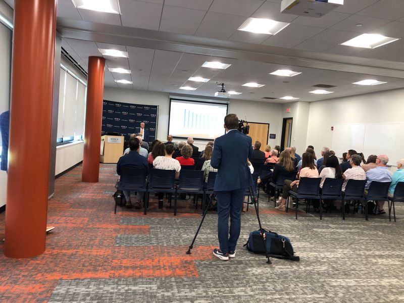 A Utica University audience listens to President Todd Pfanestiel outline the university's restructuring plan to strengthen its mission and ensure sustainability during a talk on Tuesday, July 1, 2025 in Thurston Hall on the UU campus.