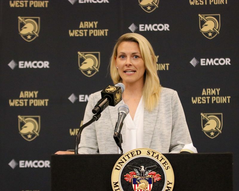 New Army women's basketball coach Katie Kuester is officially introduced at a press conference at West Point on July 1, 2025. ARMY ATHLETICS