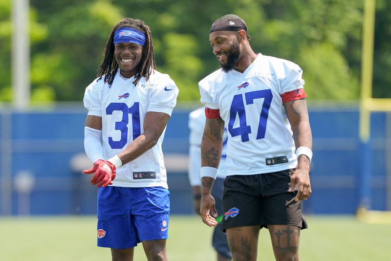 Jun 11, 2025; Orchard Park, NY, USA; Buffalo Bills cornerback Maxwell Hairston (31) and Buffalo Bills cornerback Christian Benford (47) during Minicamp at Highmark Stadium.