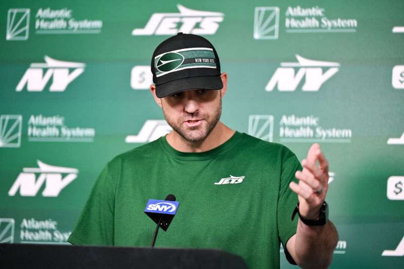 Jun 11, 2025; Florham Park, NY, USA; New York Jets offensive coordinator Tanner Engstrand speaks at a press conference during minicamp at Atlantic Health Jets Training Center. Mandatory Credit: John Jones-Imagn Images