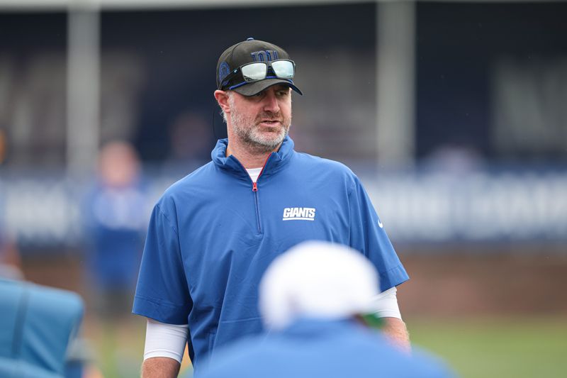 Jul 24, 2024; East Rutherford, NJ, USA; New York Giants defensive coordinator Shane Bowen looks on during training camp at Quest Diagnostics Training Facility. Mandatory Credit: Vincent Carchietta-USA TODAY Sports