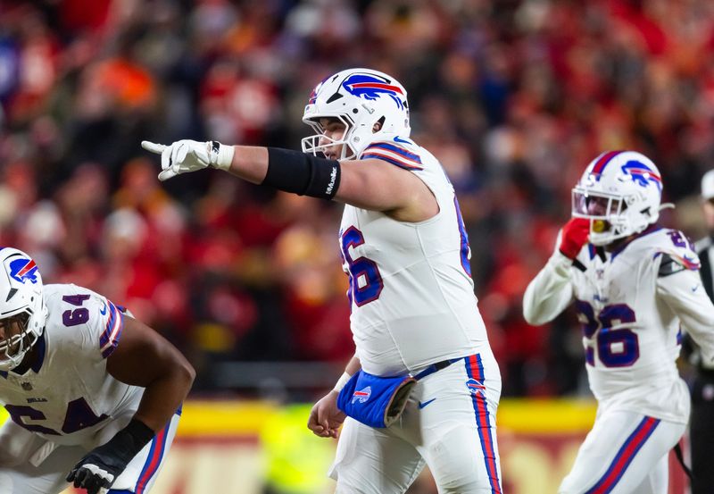 Jan 26, 2025; Kansas City, MO, USA; Buffalo Bills guard Connor McGovern (66) against the Kansas City Chiefs during the AFC Championship game at GEHA Field at Arrowhead Stadium. Mandatory Credit: Mark J. Rebilas-Imagn Images