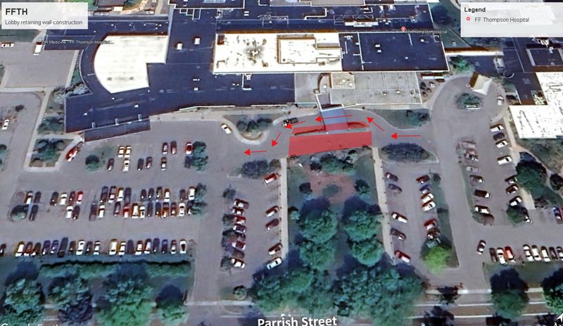 Work on rebuilding a retaining wall (the area in red) at F.F. Thompson Hospital in Canandaigua starts July 14 and continues for two weeks.