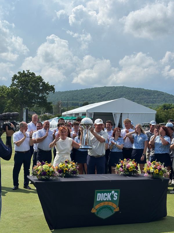 Steve Allan celebrates after winnig in the Dick's Sporting Goods Open title on July 13, 2025 at En-Joie Golf Club in Endicott. It is Allan's second PGA Tour Champions victory.