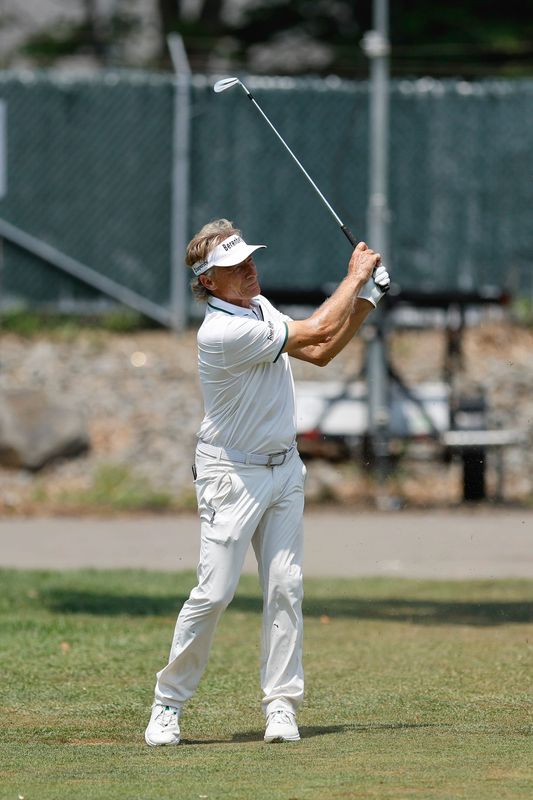 Bernhard Langer takes a shot from the fairway during the final round of the Dick's Sporting Goods Open on July 13, 2025 at En-Joie Golf Club in Endicott, NY.