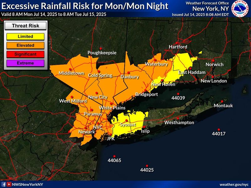 According to a National Weather Service hazard map issued July 14, 2025, southern Westchester is at an elevated risk for excessive rainfall which could result in scattered flash flooding, "some potentially significant."